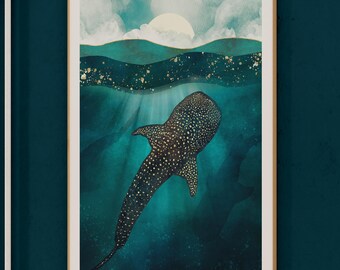 May include: A watercolor painting of a whale shark swimming in a turquoise ocean. The shark is black with white spots and is swimming towards the surface of the water. The sun is shining above the water, and there are clouds in the sky.