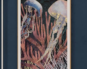 Abstract Coral Jellyfish Print: Marine Nautical Artwork