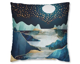 Moon Glow Pillow Cover: Abstract Mountain Lake Art