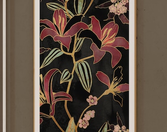 May include: A framed print with a black background featuring a stylized floral design. The flowers are red, gold, and green with a watercolor effect.