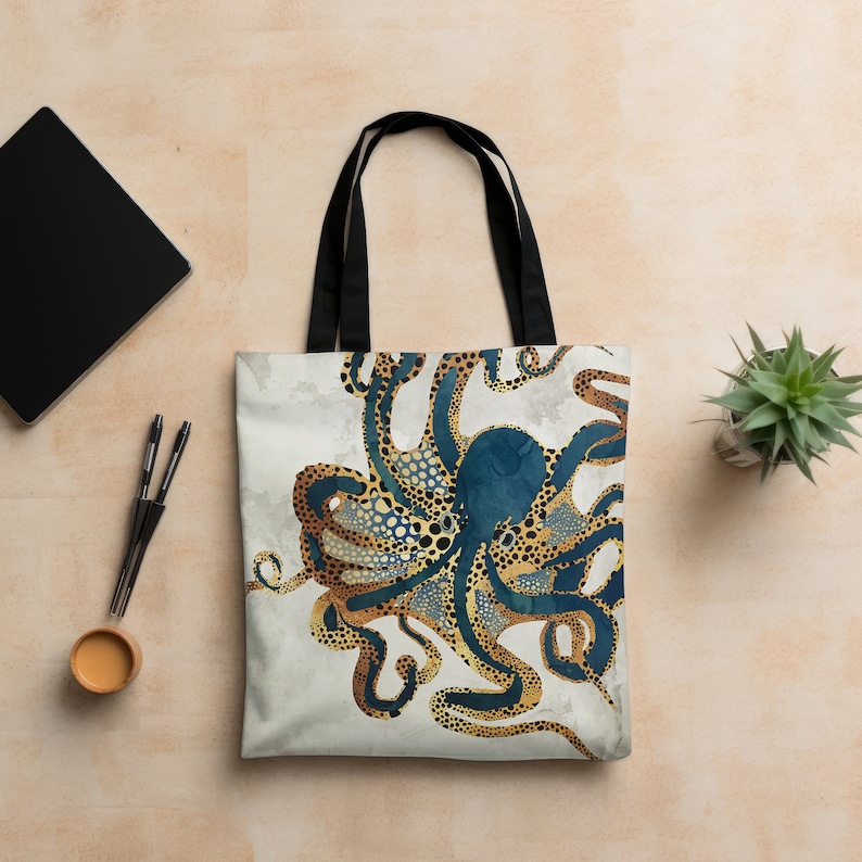 Octopus Tote Bag, Abstract Ocean Octopus Bag, Artsy Metallic Octopus Tote, Beach Carryall Bag, Underwater Dream VI by SpaceFrog Designs zdjęcie 1