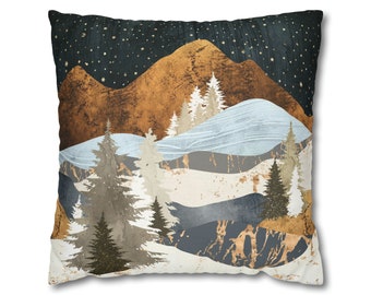 Winter Landscape Pillow Cover, Abstract Mountain Decorative Square Throw Pillow Cover, Cabin Decor, "Winters Stars" by SpaceFrog Designs