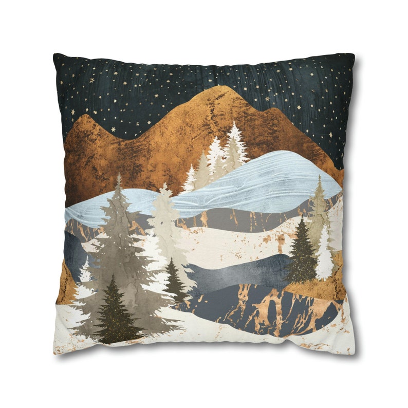 Winter Landscape Pillow Cover, Abstract Mountain Decorative Square Throw Pillow Cover, Cabin Decor, Winters Stars by SpaceFrog Designs image 1