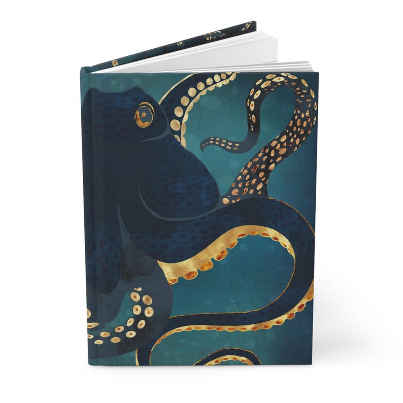 Puede incluir: Un pulpo azul oscuro con tent&aacute;culos dorados sobre un fondo azul verdoso. El pulpo tiene un ojo grande y est&aacute; enroscado en espiral.