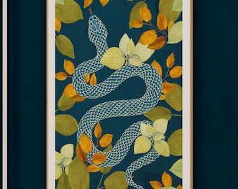 Autumn Serpent Garden Art Print - Botanical Snake Illustration, Nature Inspired Wall Decor