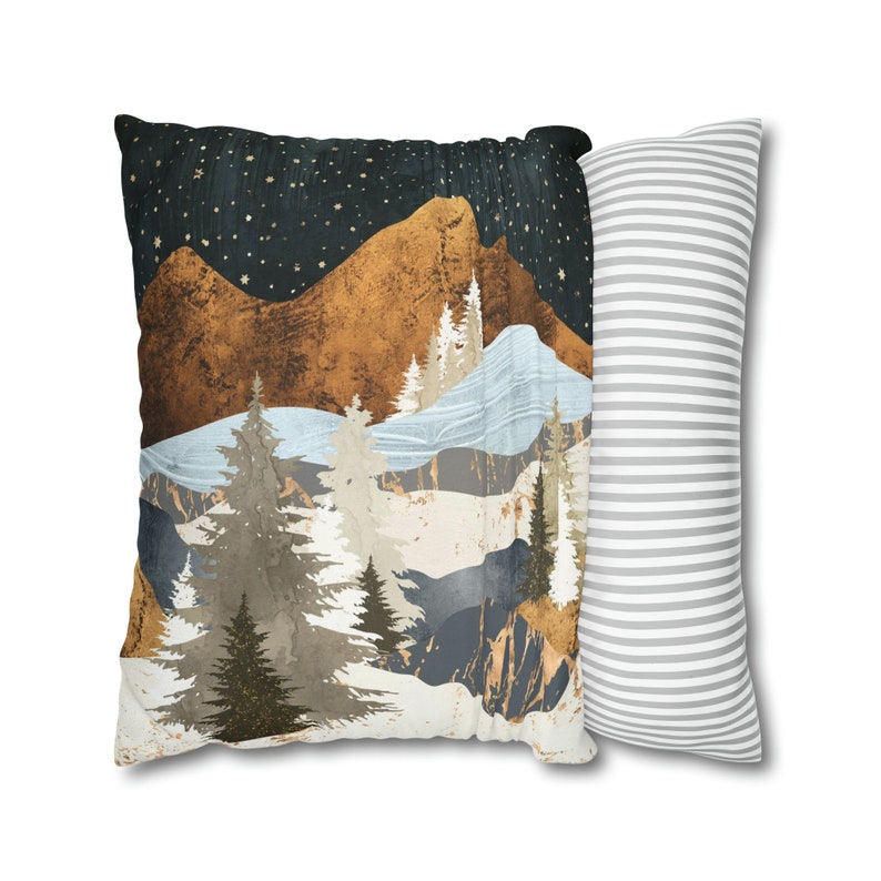 Winter Landscape Pillow Cover, Abstract Mountain Decorative Square Throw Pillow Cover, Cabin Decor, Winters Stars by SpaceFrog Designs image 4