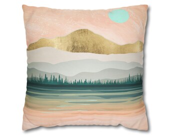 Pink Pastel Landscape Pillow Cover: Abstract Spring Forest Lake Art