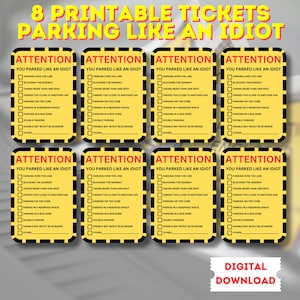Afdrukbare grappige parkeertickets - 'You Parked Like an Idiot' - Joke Parking Violation Notices for Pranks and Gags - Instant download pdf