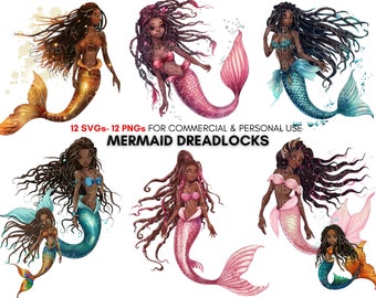 Oszałamiająca czarna syrenka z dredami SVG PNG pakiet clipartów, fantastyczne mityczne stworzenia syreny, scrapbooking, zaproszenia syreny...
