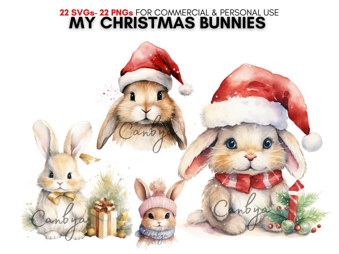 Watercolor Christmas Bunny & Rabbit Svg Png Clipart Bundle, Winter ...