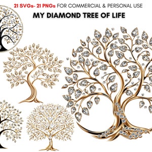 Diamonds Tree of life svg's, Diamonds Tree of life png's, silver and gold tree with diamonds, diamond art, Tree of life glam clipart.