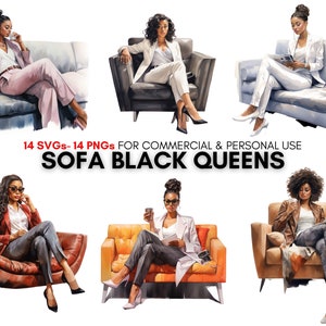 watercolor black stylish boss babe svg png digital clipart prints, Boss lady fashion, Sofa black queens.