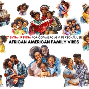 ritratti di famiglie afroamericane ad acquerello png svg clipart, giornata della famiglia, download digitale di dipinti di famiglie nere, personali e commerciali.