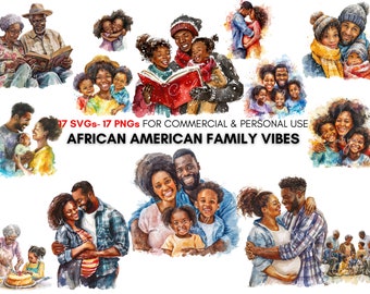 May include: Watercolor illustration of an African American family in various poses. The illustration features a variety of family members, including parents, children, and grandparents. The illustration is set against a white background and includes the text "17 SVGs - 17 PNGs for commercial & personal use African American Family Vibes".