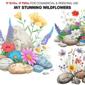 Watercolor Wildflowers and stones Clipart png svg Cliparts, Digital botanical prints, spring clipart,  floral art, Personal & Commercial.