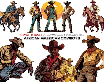 14 african american cowboy art svg 's, 14 black cowboy png 's, Western svg, country black boy svg and png files, transparent background.