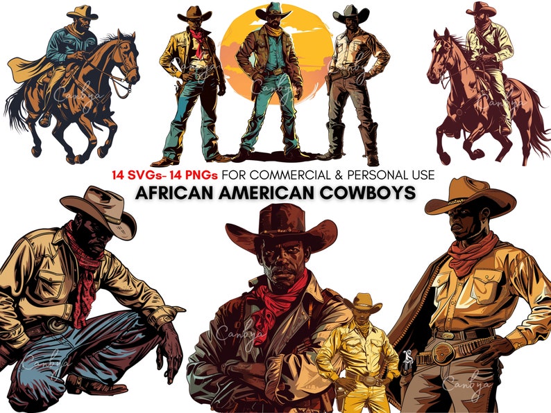 african american western clip art bundle, watercolor vintage and retro styled illustrations, digital prints for instant digital download.