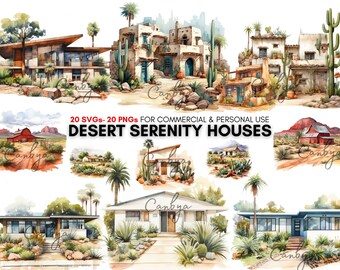 Watercolor desert Houses SVG PNG Clipart Bundle, desert landscapes, Digital Prints