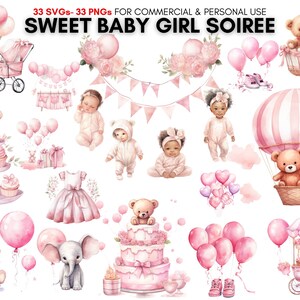 Pacchetto di clipart Baby Shower rosa acquerello, immagini di neonati, grafica di celebrazione dei bambini carini, dolce serata per bambina, download digitale.