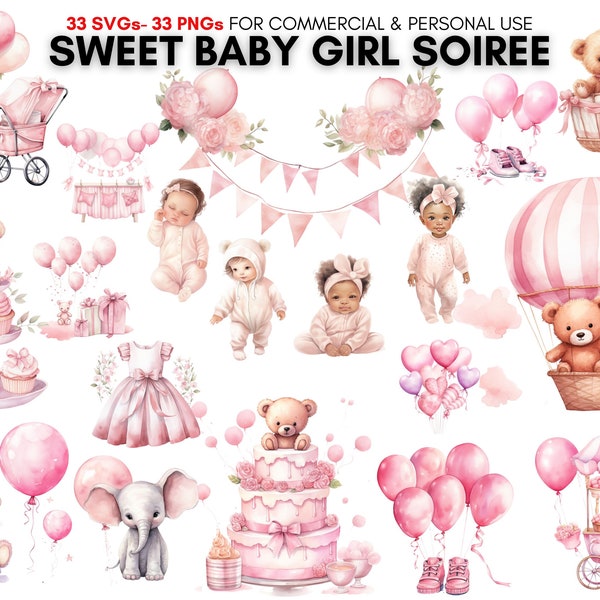 Watercolor pink Baby Shower Clipart Bundle, Newborn Images, Cute Children Celebration Graphics, sweet baby girl soiree, Digital Download.
