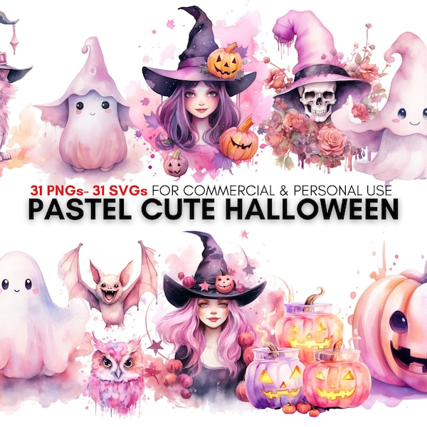 pastel halloween, halloween clipart, halloween downloadable svg and png's, 31 cliparts for spooky stickers an other printed items.