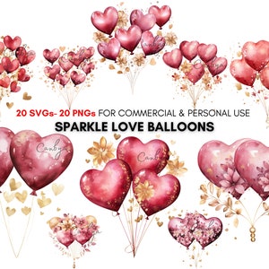 Globos rojos y dorados en forma de corazón de acuarela svg png Cliparts, cumpleaños con brillantina, baby shower, impresiones artísticas con globos de boda, globos de flores.