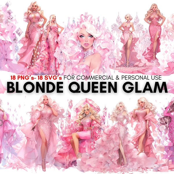 Blonde queen glam, fashion girl clipart, pink glam, retro clipart png 's, retro clipart svg 's, digital prints, watercolor clipart