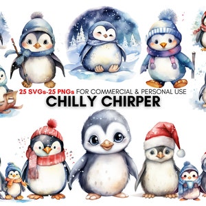 Watercolor kawaii penguin svg png clipart bundle, cute animal digital art prints for junk journals, planners, stickers...