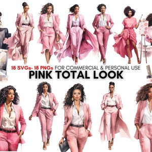 watercolor black woman svg png clipart bundle, black fashion working girl, Pink office total look, digital prints