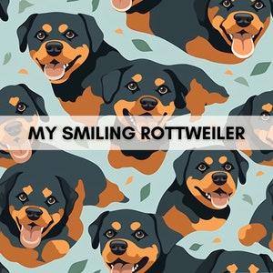 Op de afbeelding: Een herhalend patroon van lachende Rottweiler honden in zwart en bruin op een lichtblauwe achtergrond. De tekst "MY SMILING ROTTWEILER" staat in witte letters over de afbeelding.