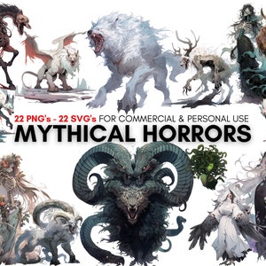 mythical creatures, frightening creatures set, 22 creatures svg &#39;s, 23 creatures png &#39;s, watercolor clipart, digital prints