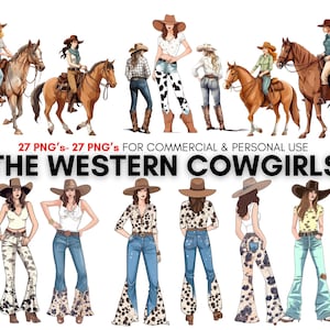 May include: A set of 27 digital illustrations of cowgirls wearing various outfits and hats. The cowgirls are depicted in different poses, some riding horses, some standing, and some sitting. The illustrations are in a cartoon style and are suitable for commercial and personal use.