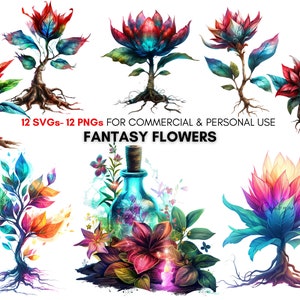 Watercolor Fantasy flowers png svg Spring Cliparts, magical floral prints, fantasy flower art, Digital botanical prints, Commercial Use