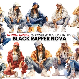 Watercolor african american rapper girl png svg clipart bundle, stylish black women fashion prints, rapper art printables