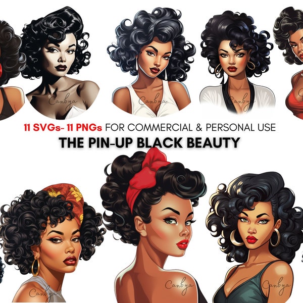 watercolor pin up styled black girl svg ong clipart bundle, vintage pin up girls clipart, retro digital prints.