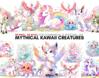 Mythische wezens, kawaii-clipart, 28 aquarel-png's, 28 aquarel-svg's, digitale prints