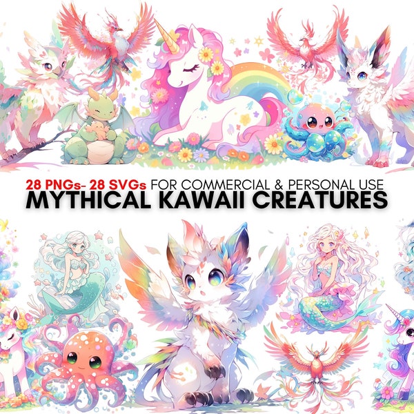 mythical creatures, kawaii cliparts, 28 watercolor png 's, 28 watercolor svg 's, digital prints