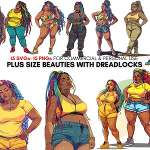 Peut inclure: Illustrations numériques de femmes rondes avec des dreadlocks portant différentes tenues. Les femmes sont représentées dans différentes poses et expressions, mettant en valeur leur individualité et leur confiance en elles.