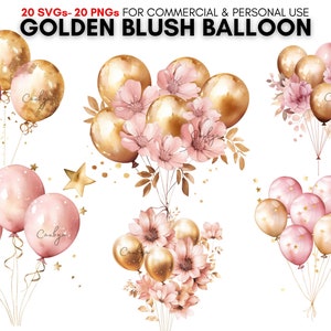 Aquarell goldener Blush Ballon SVG png Clipart, Glitzer Geburtstag, Hochzeitsballon Clipart Bundle, Blumenballons, Digitaldrucke