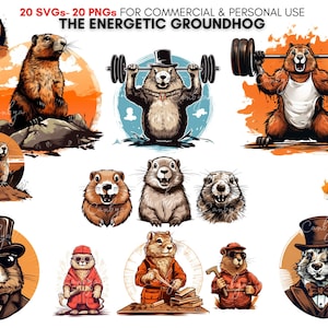 Watercolor groundhog day png svg clipart bundle, energetic groundhog shirts' designs, funny groundhog day printable, Marmot digital print