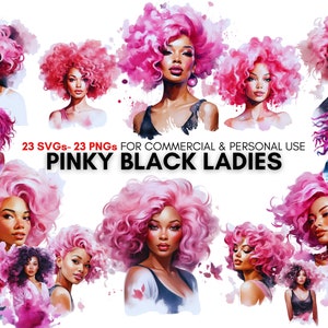 acuarela retro pelo rosa negro chica retratos svg png clipart paquete, impresiones digitales de mujer afroamericana, conjunto de damas negras meñiques.