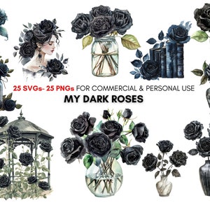 Watercolor dark black roses png svg Cliparts, vintage gothic roses in jars, digital download, flowers clip art, Personal & Commercial Use.