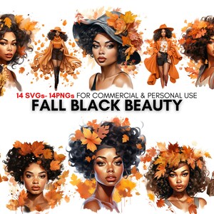 Peut inclure: Illustration numérique de 10 femmes noires avec des feuilles d'automne dans les cheveux. Les femmes portent différentes tenues et accessoires. Le texte "14 SVGs - 14 PNGs for Commercial & Personal Use Fall Black Beauty" est en bas de l'image.