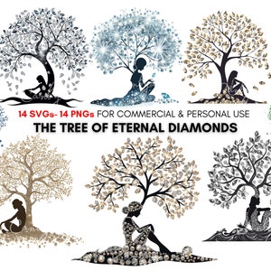 Puede incluir: Un conjunto de 14 ilustraciones digitales de árboles hechos de diamantes. Cada árbol tiene una mujer sentada debajo. Los árboles son de varios colores, incluyendo plata, oro, azul y verde. El texto "14 SVGs-14 PNGs PARA USO COMERCIAL Y PERSONAL EL ÁRBOL DE DIAMANTES ETERNOS" está en la parte inferior de la imagen.