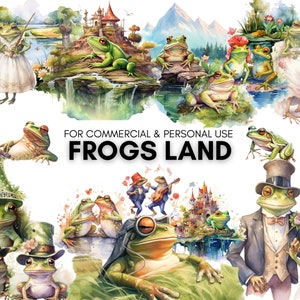 Frogs Land, clipart aquarela, para uso comercial e pessoal, 32 PNGs transparentes, 300 DPI, designs diferentes.