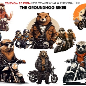 Watercolor groundhog day png svg clipart bundle, energetic groundhog bikers shirts' designs for print, cool groundhog day printable.