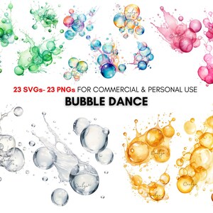 May include: A set of 23 watercolor illustrations of colorful bubbles with water splashes. The bubbles are in various colors, including green, blue, pink, yellow, and orange. The illustrations are perfect for adding a whimsical touch to your designs.