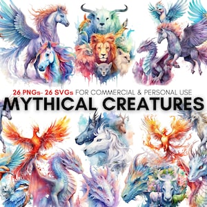 Mythische wezens, aquarel clipart, voor commercieel en persoonlijk gebruik, 26 clipart png, 26 clipart svg, verschillende ontwerpen.