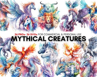 Mythical Creatures, watercolor clipart, for commercial and personal use, 26 clipart png, 26 clipart svg, Different Designs.