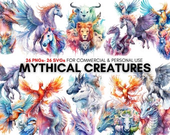 Mythische wezens, aquarel clipart, voor commercieel en persoonlijk gebruik, 26 clipart png, 26 clipart svg, verschillende ontwerpen.